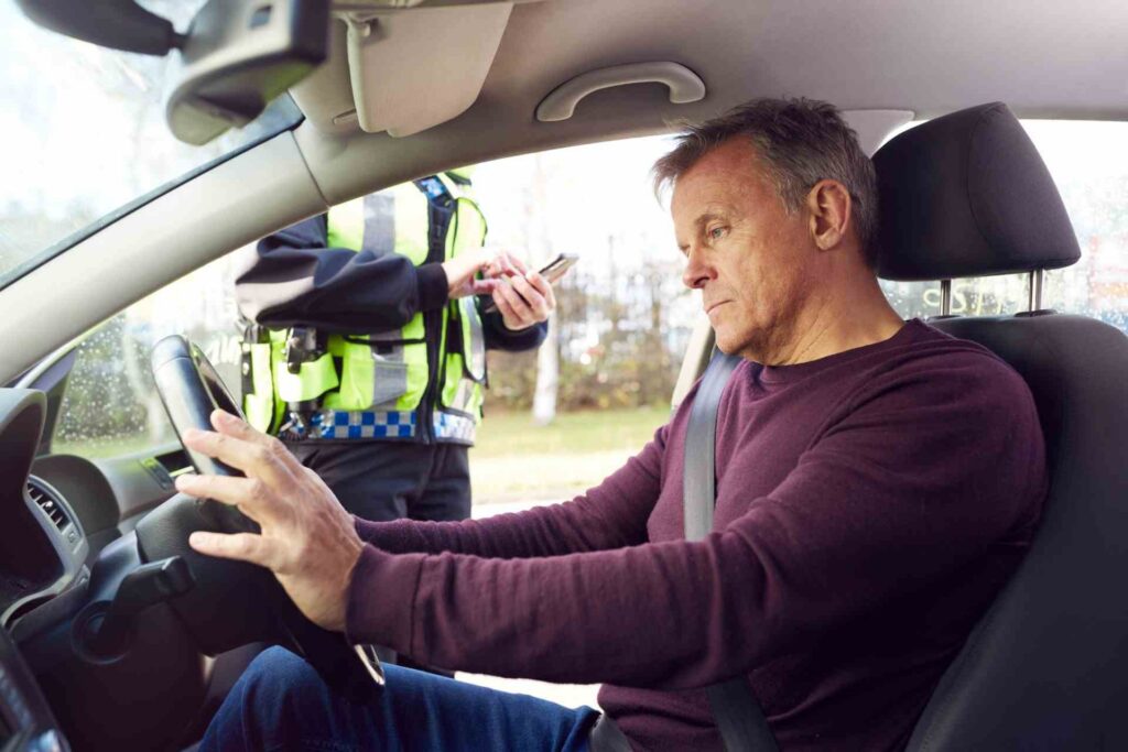Older driver sitting distressed in a car while an officer stands outside during a roadside stop